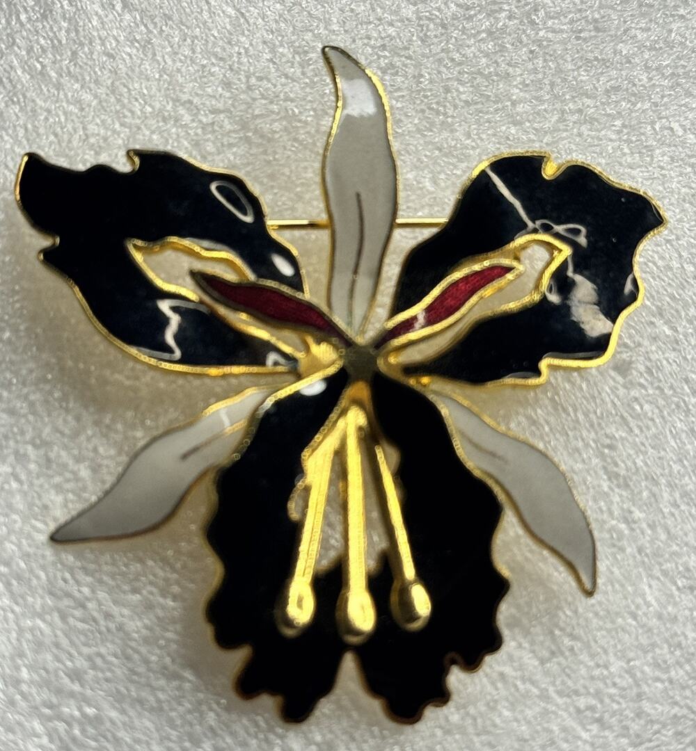 Vintage Cloisonné Orchid Flower Brooch Pin Gold Tone Black White Enamel Floral